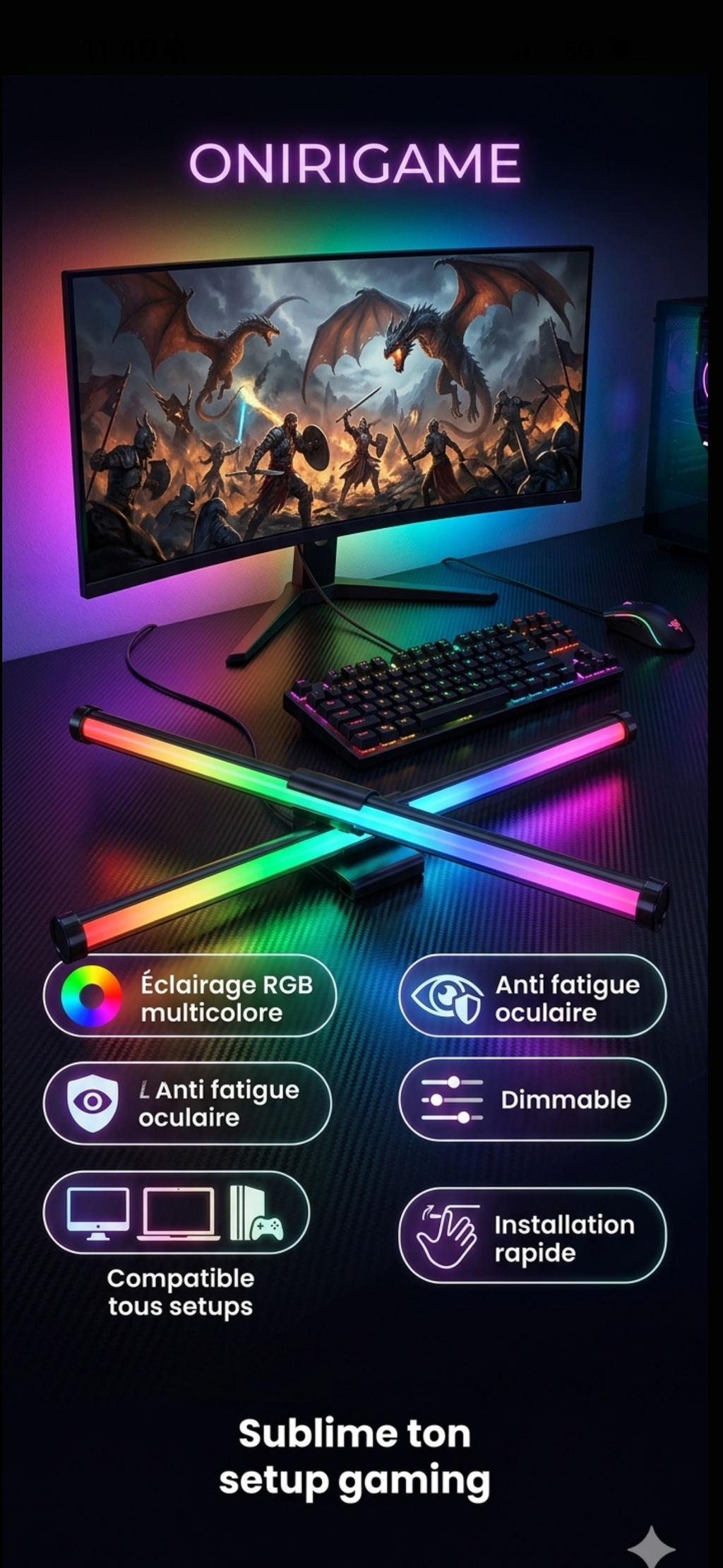 Barre LED RGB Gaming – Éclairage Ambiance Setup Gamer Bureau Anti Fatigue Oculaire